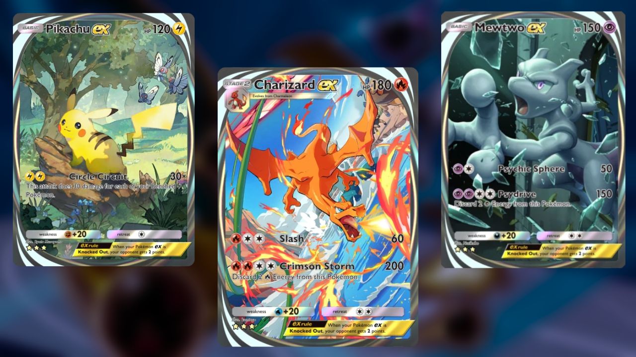 Immersive cards TCG Pocket : Pikachu ex, Dracaufeu ex et Mewtwo ex