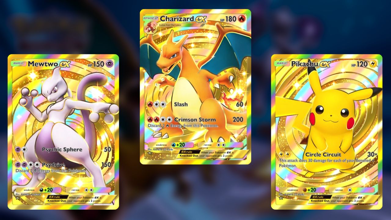 Cartes Crown Rare TCG Pocket : Mewtwo ex, Dracaufeu ex et Pikachu ex