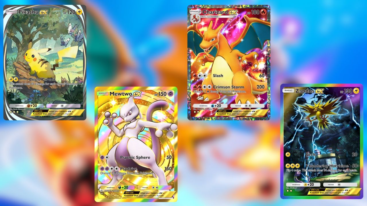 Pikachu ex, Mewtwo ex, Dracaufeu ex et Électhor ex en version rare TCG Pocket